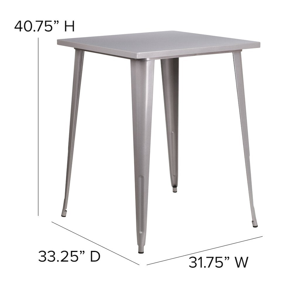 Commercial Grade 31.5" Square Silver Metal Indoor-Outdoor Bar Height Table