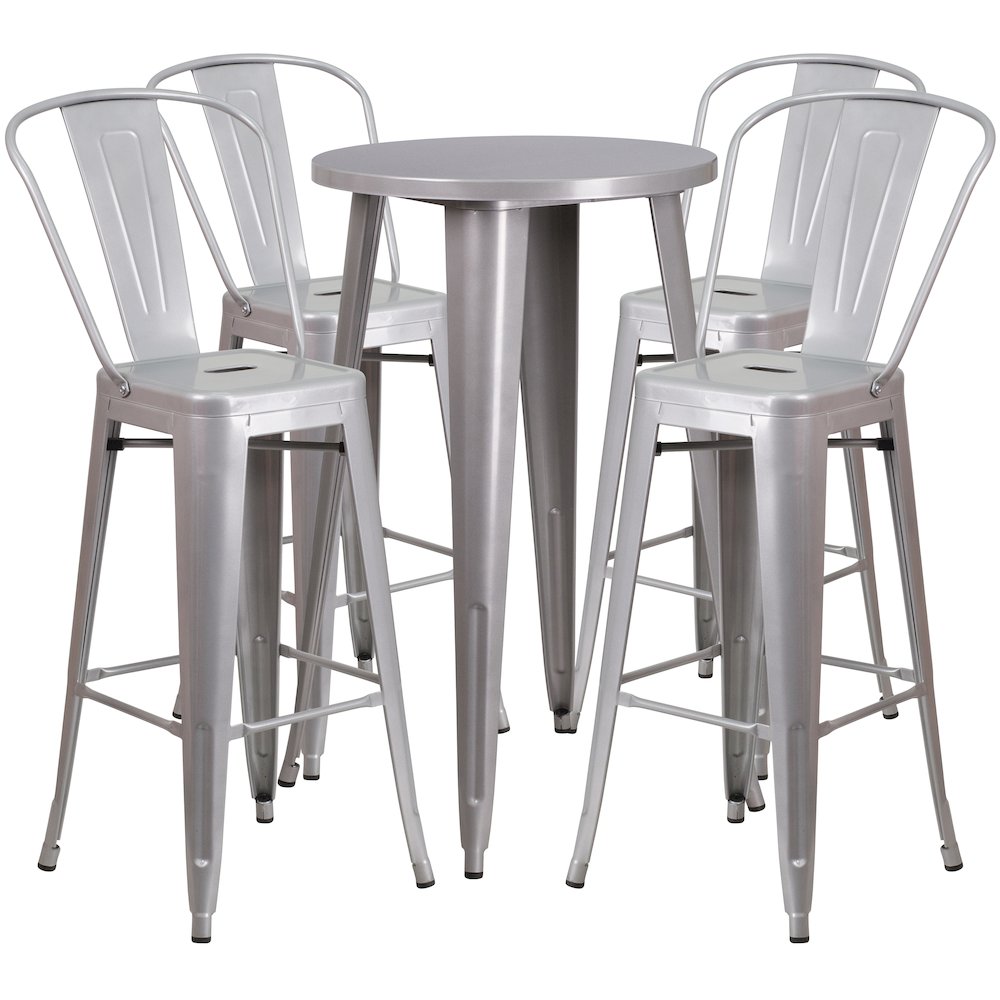 24" Round Silver Metal Indoor-Outdoor Bar Table Set with 4 Cafe Stools