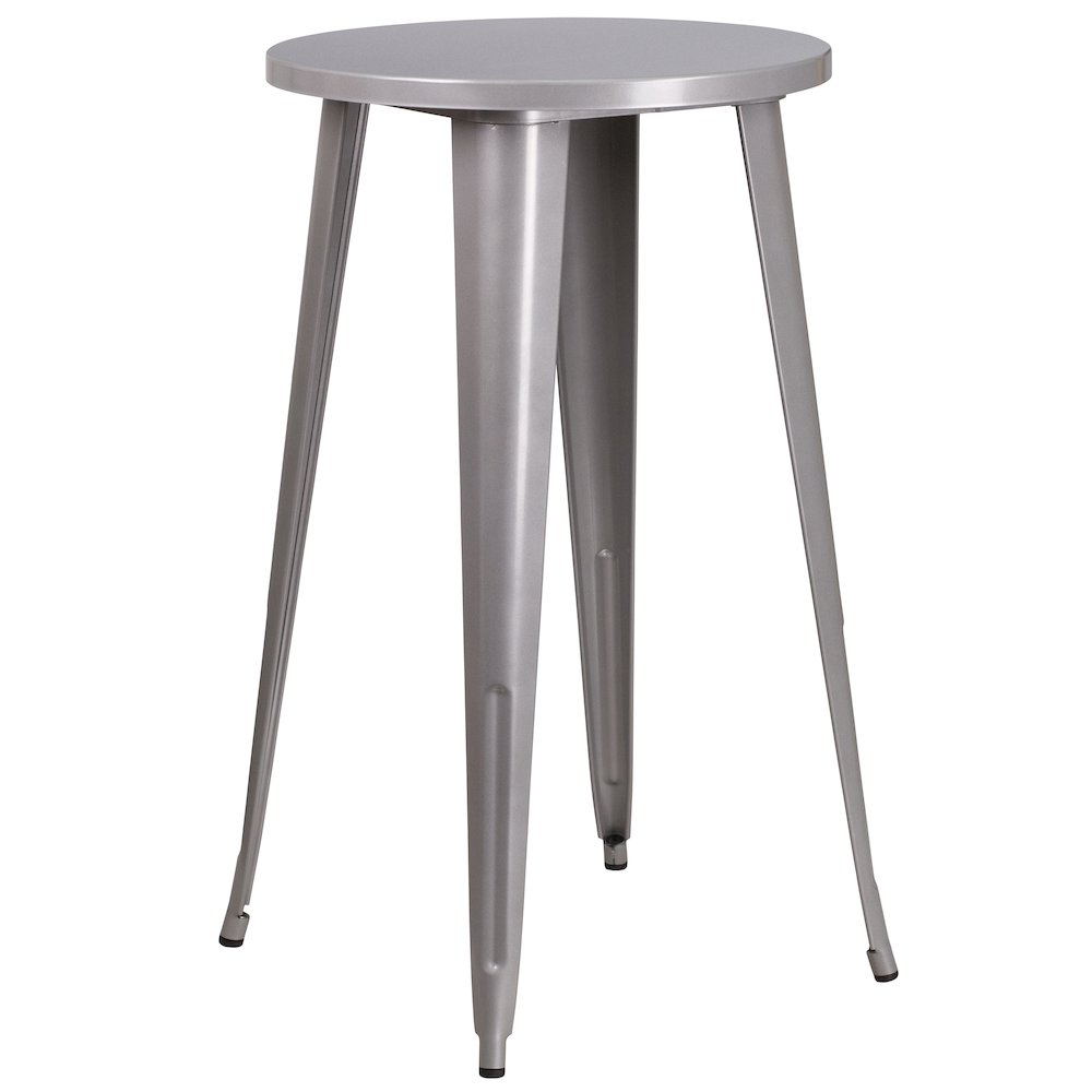 24" Round Silver Metal Indoor-Outdoor Bar Table Set with 4 Cafe Stools