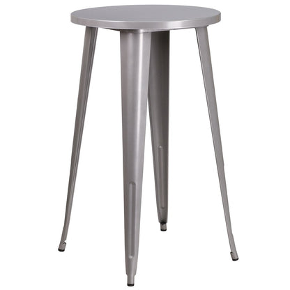 24" Round Silver Metal Indoor-Outdoor Bar Table Set with 4 Cafe Stools