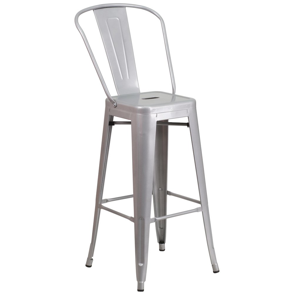 24" Round Silver Metal Indoor-Outdoor Bar Table Set with 4 Cafe Stools