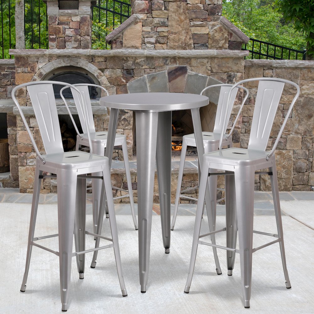 24" Round Silver Metal Indoor-Outdoor Bar Table Set with 4 Cafe Stools