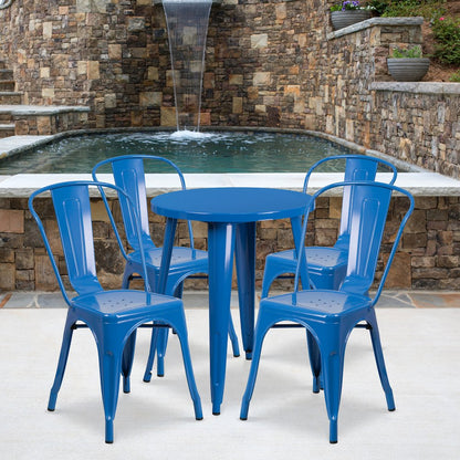 24" Round Blue Metal Indoor-Outdoor Table Set with 4 Cafe Chairs