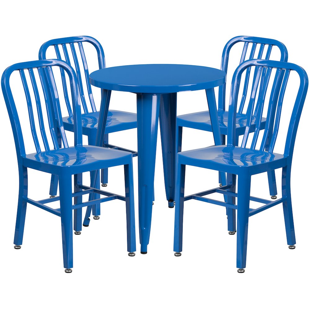 Commercial Grade 24" Round Blue Metal Indoor-Outdoor Table Set with 4 Vertical Slat Back Chairs