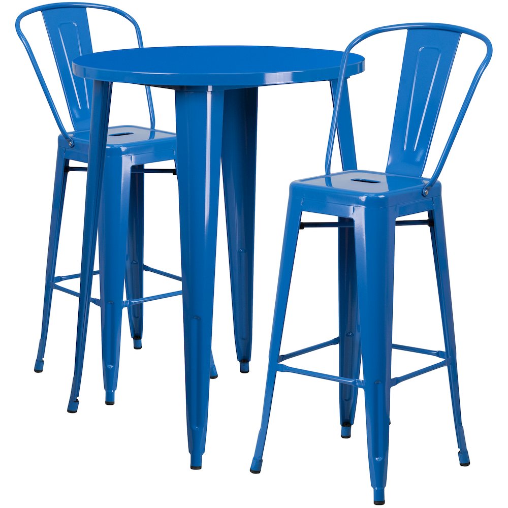 30" Round Blue Metal Indoor-Outdoor Bar Table Set with 2 Cafe Stools