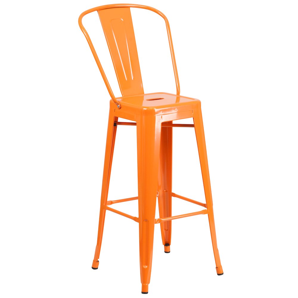 30" Round Orange Metal Indoor-Outdoor Bar Table Set with 2 Cafe Stools