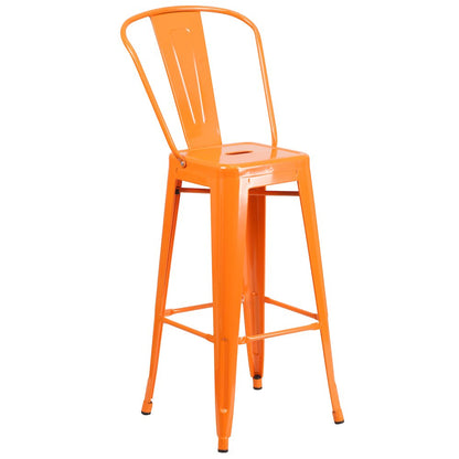 30" Round Orange Metal Indoor-Outdoor Bar Table Set with 2 Cafe Stools