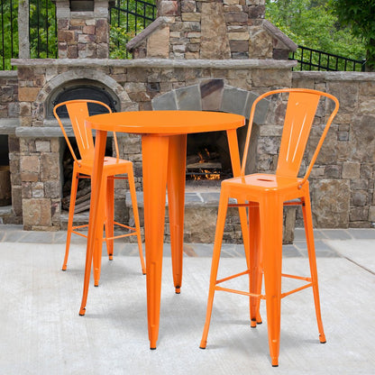 30" Round Orange Metal Indoor-Outdoor Bar Table Set with 2 Cafe Stools