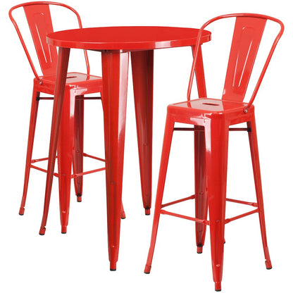 30" Round Red Metal Indoor-Outdoor Bar Table Set with 2 Cafe Stools