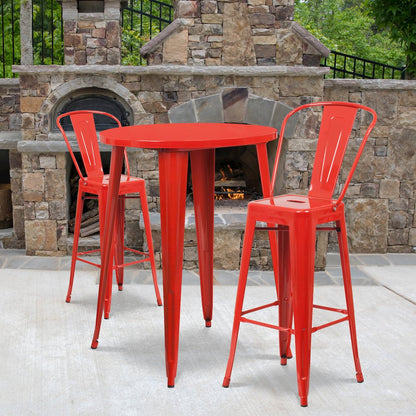 30" Round Red Metal Indoor-Outdoor Bar Table Set with 2 Cafe Stools