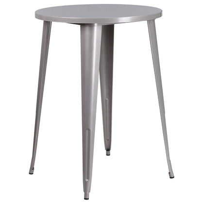 30" Round Silver Metal Indoor-Outdoor Bar Table Set with 2 Cafe Stools