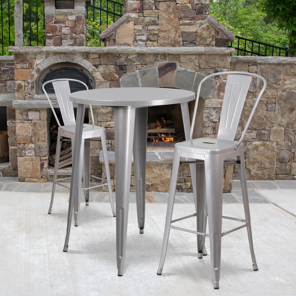 30" Round Silver Metal Indoor-Outdoor Bar Table Set with 2 Cafe Stools