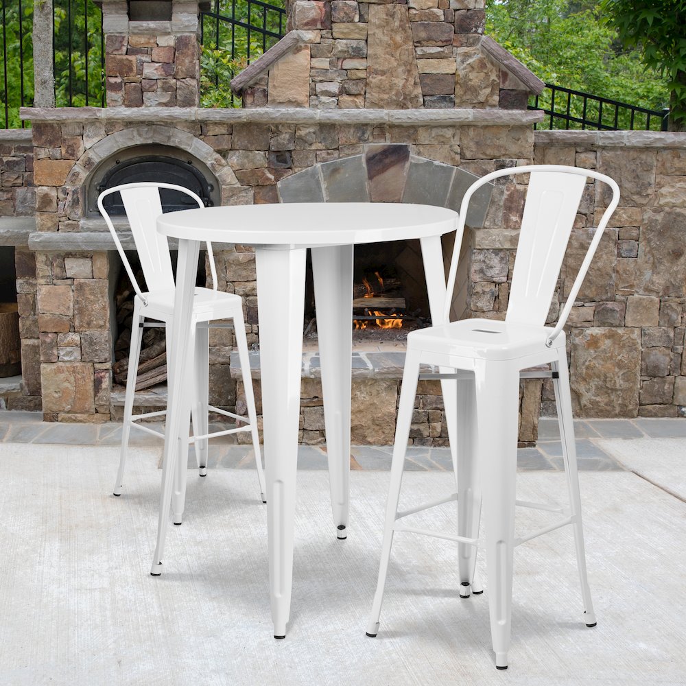 30" Round White Metal Indoor-Outdoor Bar Table Set with 2 Cafe Stools