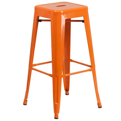 Commercial Grade 30" Round Orange Metal Indoor-Outdoor Bar Table Set with 2 Square Seat Backless Stools