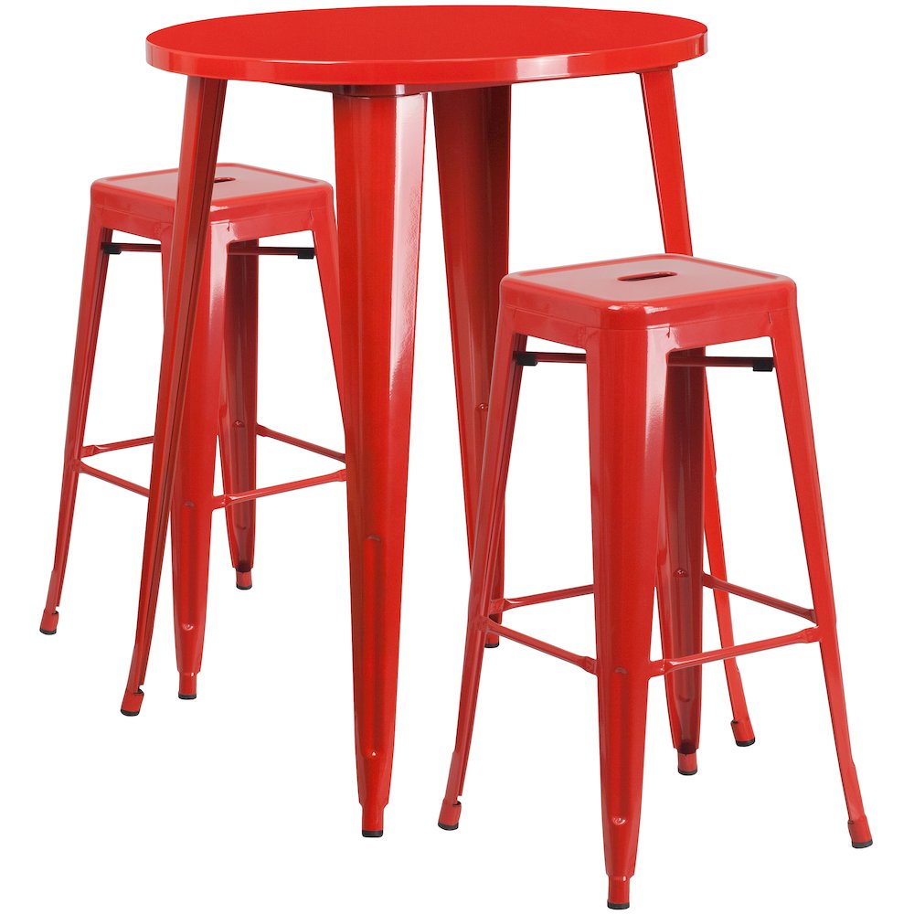 30" Round Red Metal Indoor-Outdoor Bar Table Set with 2 Seat Backless Stools