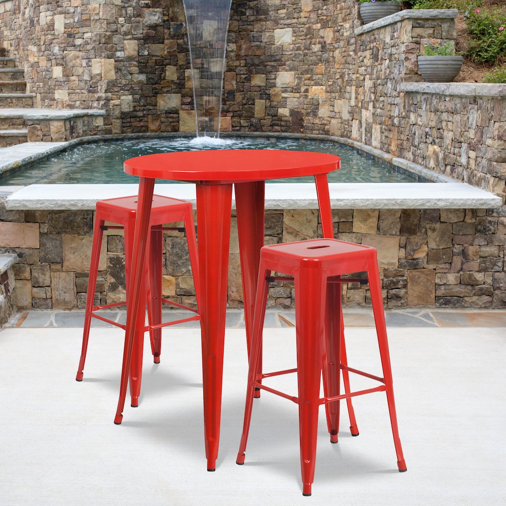 30" Round Red Metal Indoor-Outdoor Bar Table Set with 2 Seat Backless Stools