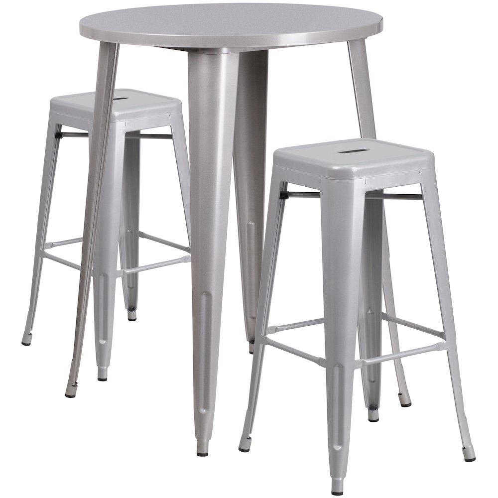 30" Round Silver Metal Indoor-Outdoor Bar Table Set with 2 Seat Backless Stools