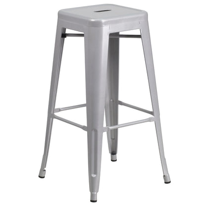 30" Round Silver Metal Indoor-Outdoor Bar Table Set with 2 Seat Backless Stools