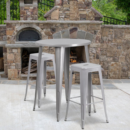 30" Round Silver Metal Indoor-Outdoor Bar Table Set with 2 Seat Backless Stools