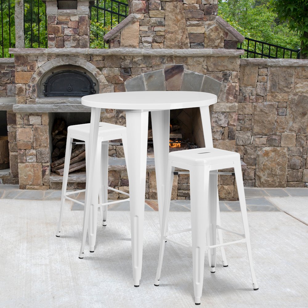 30" Round White Metal Indoor-Outdoor Bar Table Set with 2 Seat Backless Stools