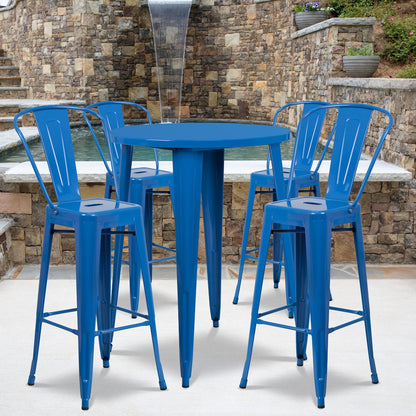 30" Round Blue Metal Indoor-Outdoor Bar Table Set with 4 Cafe Stools