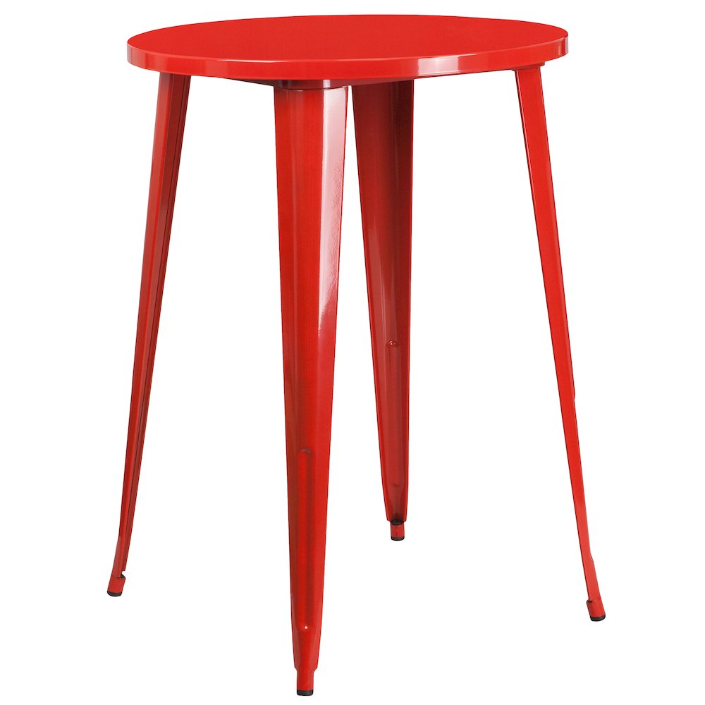 30" Round Red Metal Indoor-Outdoor Bar Table Set with 4 Cafe Stools