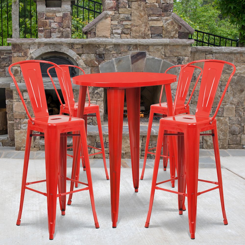 30" Round Red Metal Indoor-Outdoor Bar Table Set with 4 Cafe Stools