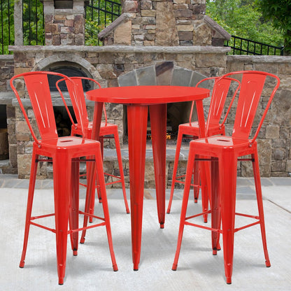 30" Round Red Metal Indoor-Outdoor Bar Table Set with 4 Cafe Stools