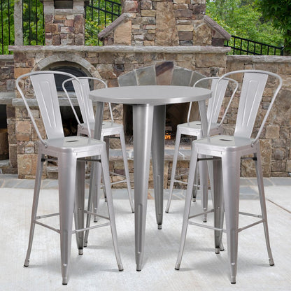 30" Round Silver Metal Indoor-Outdoor Bar Table Set with 4 Cafe Stools