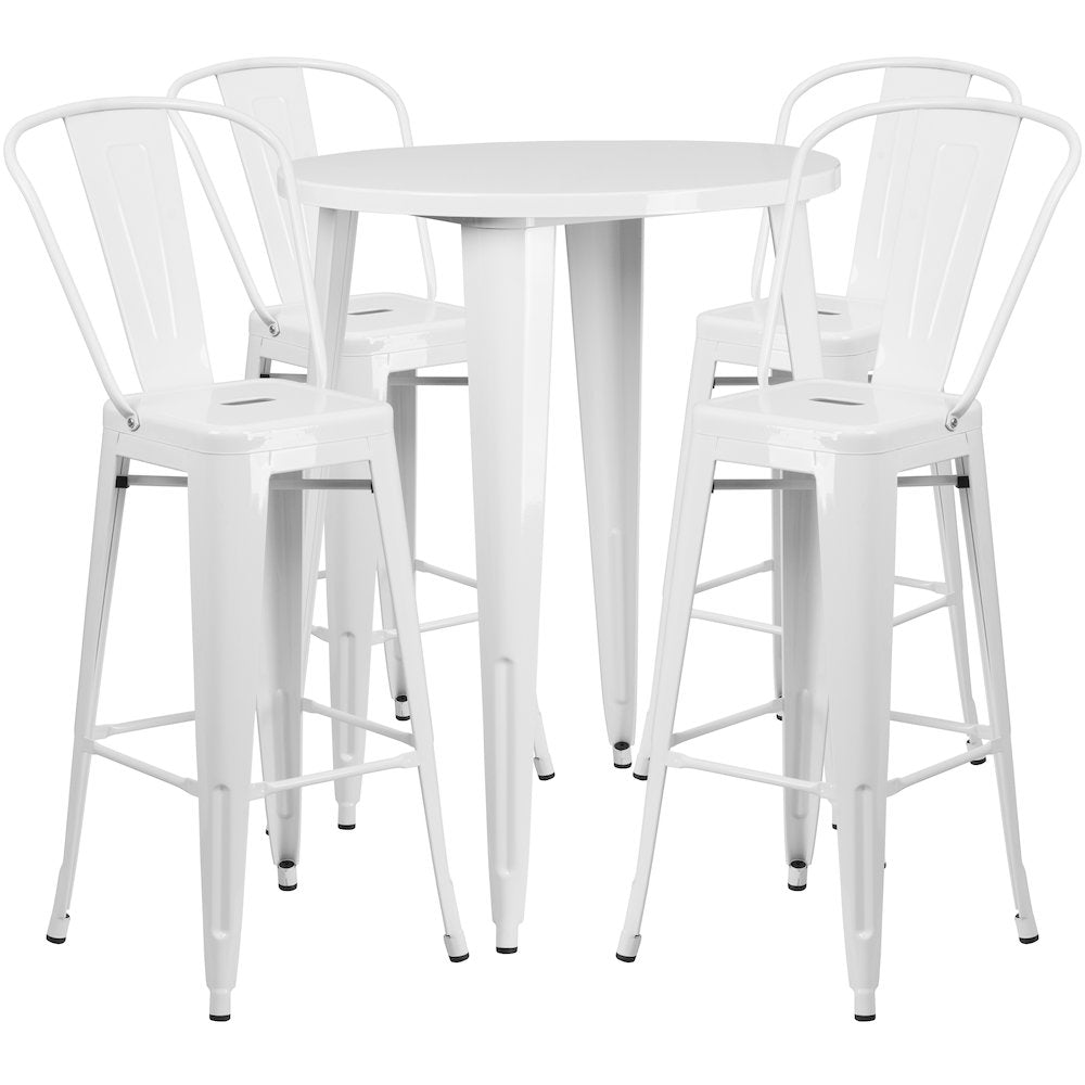 30" Round White Metal Indoor-Outdoor Bar Table Set with 4 Cafe Stools