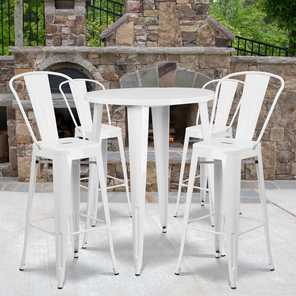 30" Round White Metal Indoor-Outdoor Bar Table Set with 4 Cafe Stools