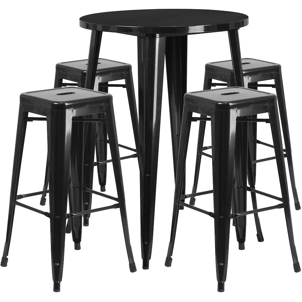 30" Round Black Metal Indoor-Outdoor Bar Table Set with 4 Seat Backless Stools