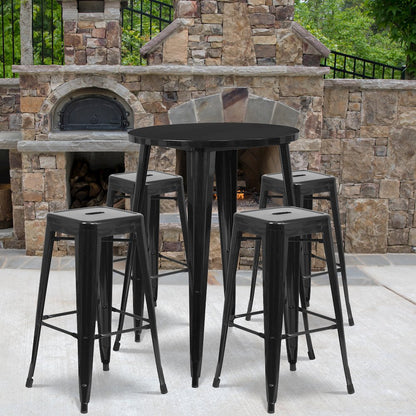 30" Round Black Metal Indoor-Outdoor Bar Table Set with 4 Seat Backless Stools
