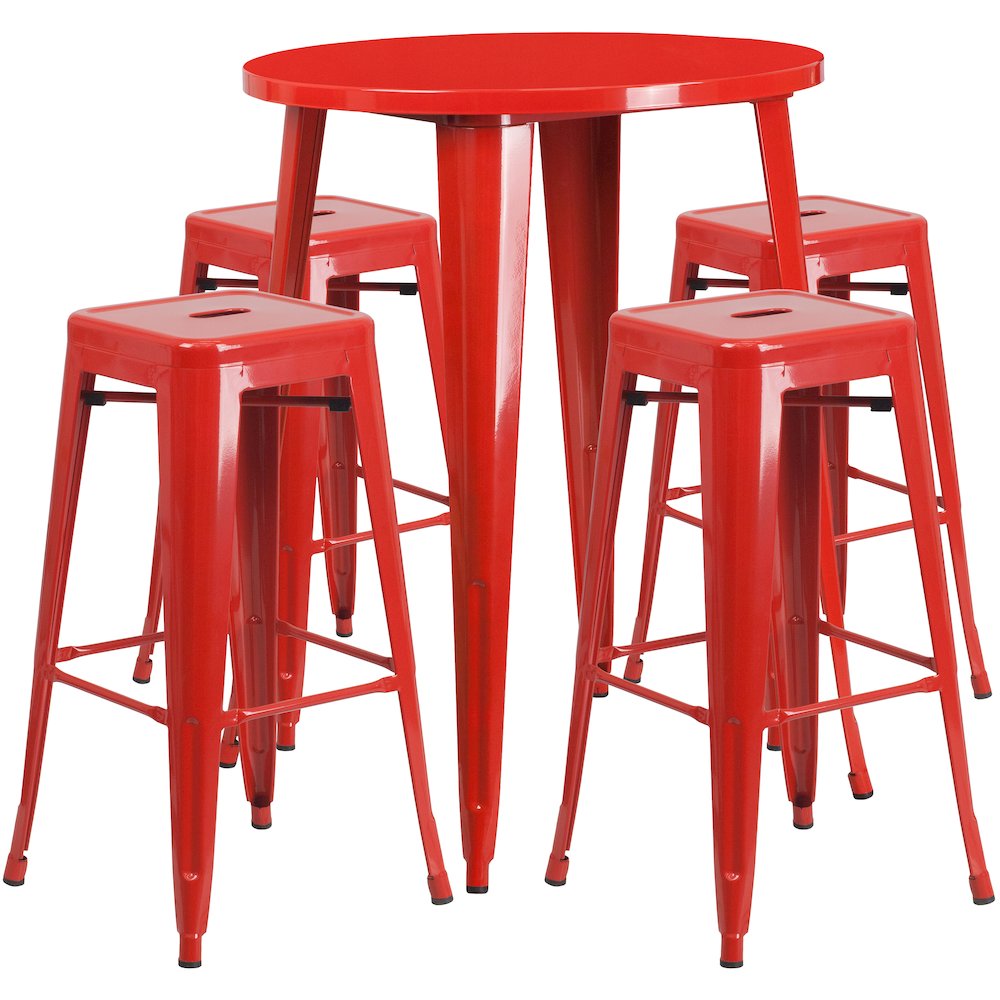 30" Round Red Metal Indoor-Outdoor Bar Table Set with 4 Seat Backless Stools