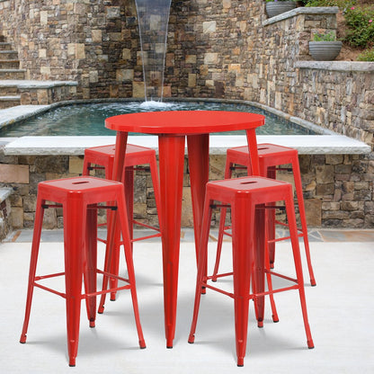 30" Round Red Metal Indoor-Outdoor Bar Table Set with 4 Seat Backless Stools