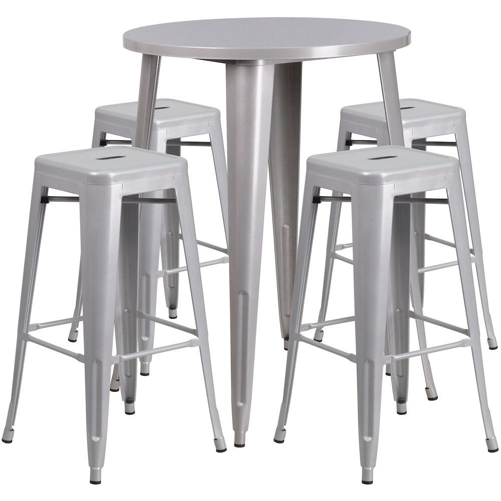 30" Round Silver Metal Indoor-Outdoor Bar Table Set with 4 Seat Backless Stools