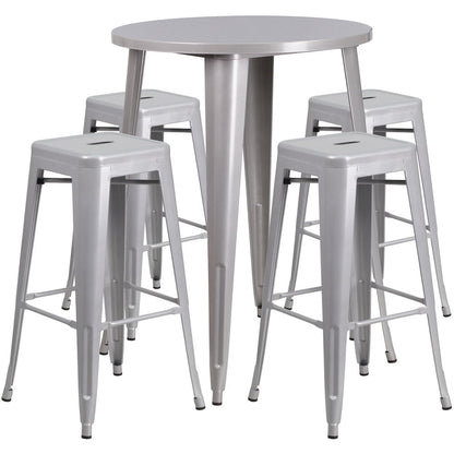 30" Round Silver Metal Indoor-Outdoor Bar Table Set with 4 Seat Backless Stools