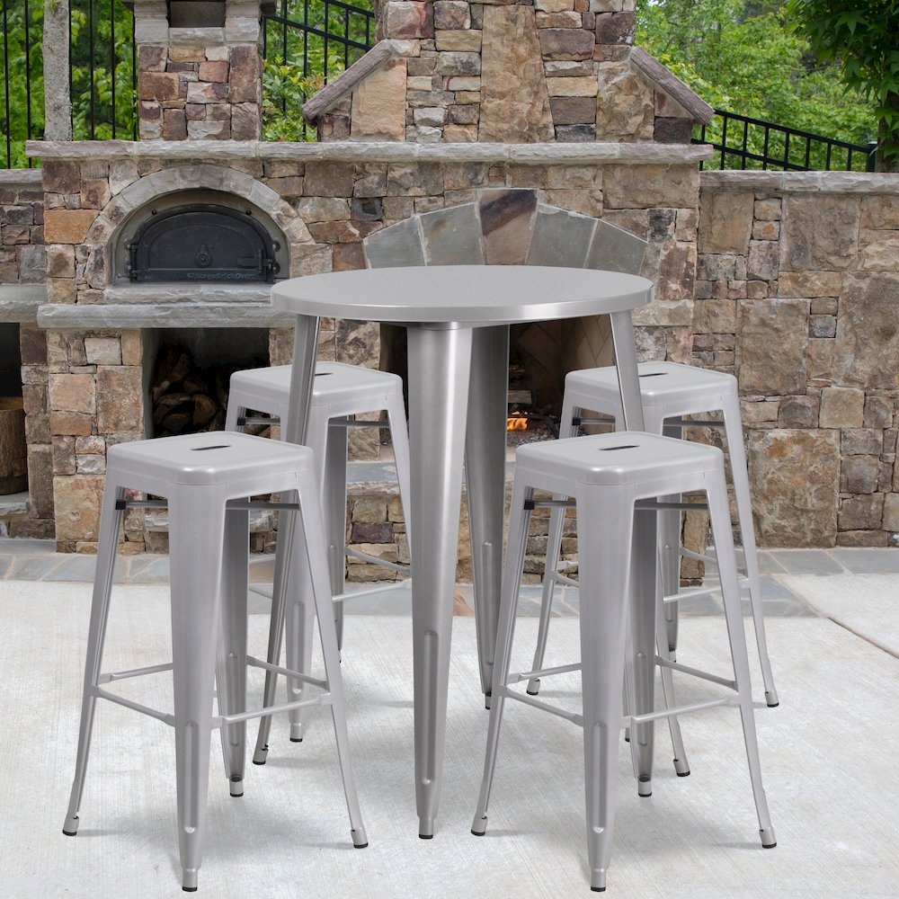 30" Round Silver Metal Indoor-Outdoor Bar Table Set with 4 Seat Backless Stools
