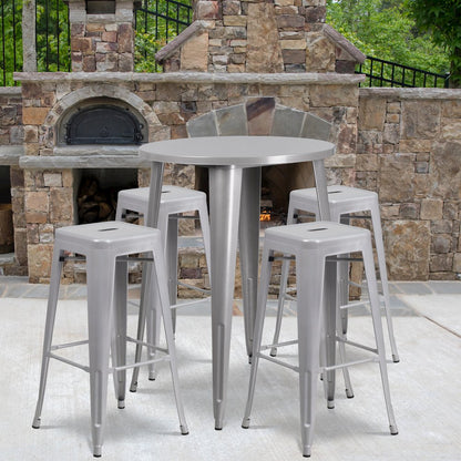 30" Round Silver Metal Indoor-Outdoor Bar Table Set with 4 Seat Backless Stools