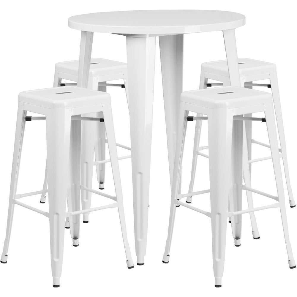 30" Round White Metal Indoor-Outdoor Bar Table Set with 4 Seat Backless Stools