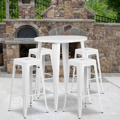 30" Round White Metal Indoor-Outdoor Bar Table Set with 4 Seat Backless Stools