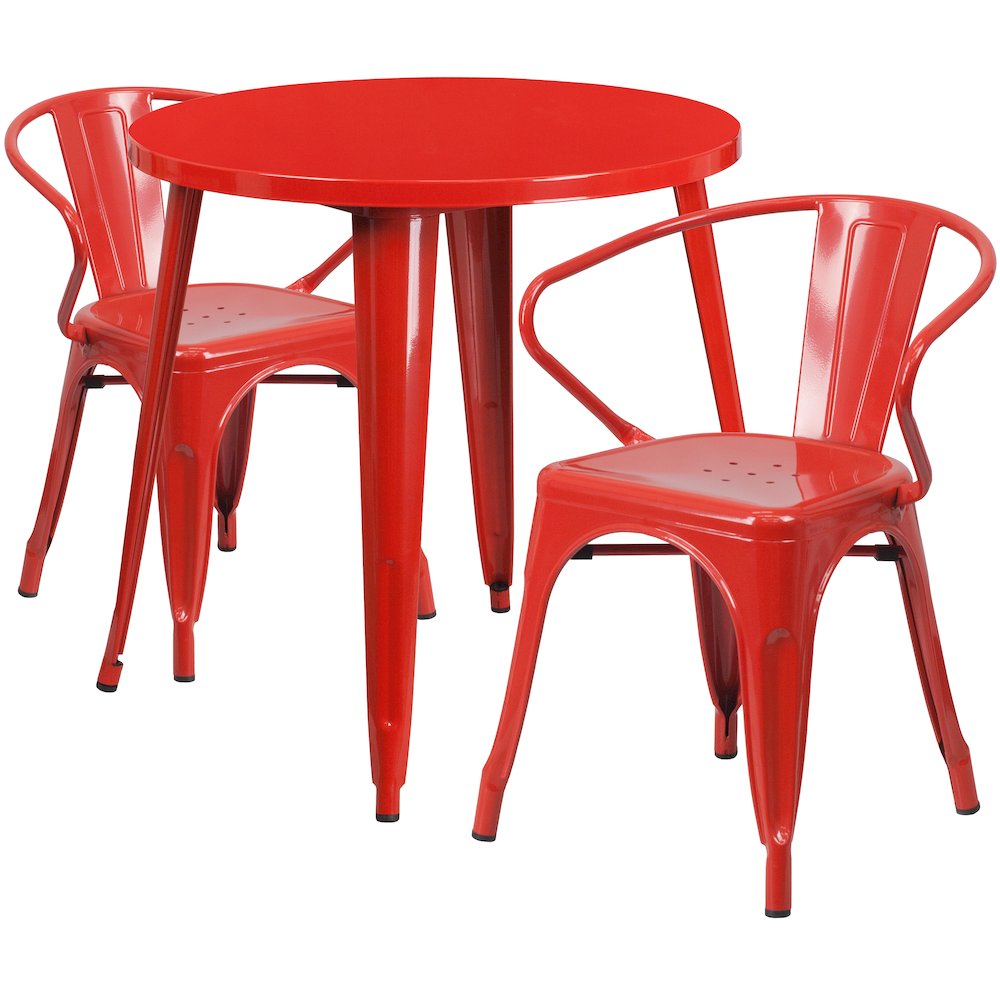 30" Round Red Metal Indoor-Outdoor Table Set with 2 Arm Chairs