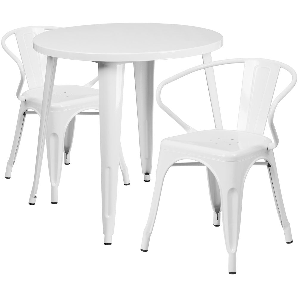 30" Round White Metal Indoor-Outdoor Table Set with 2 Arm Chairs