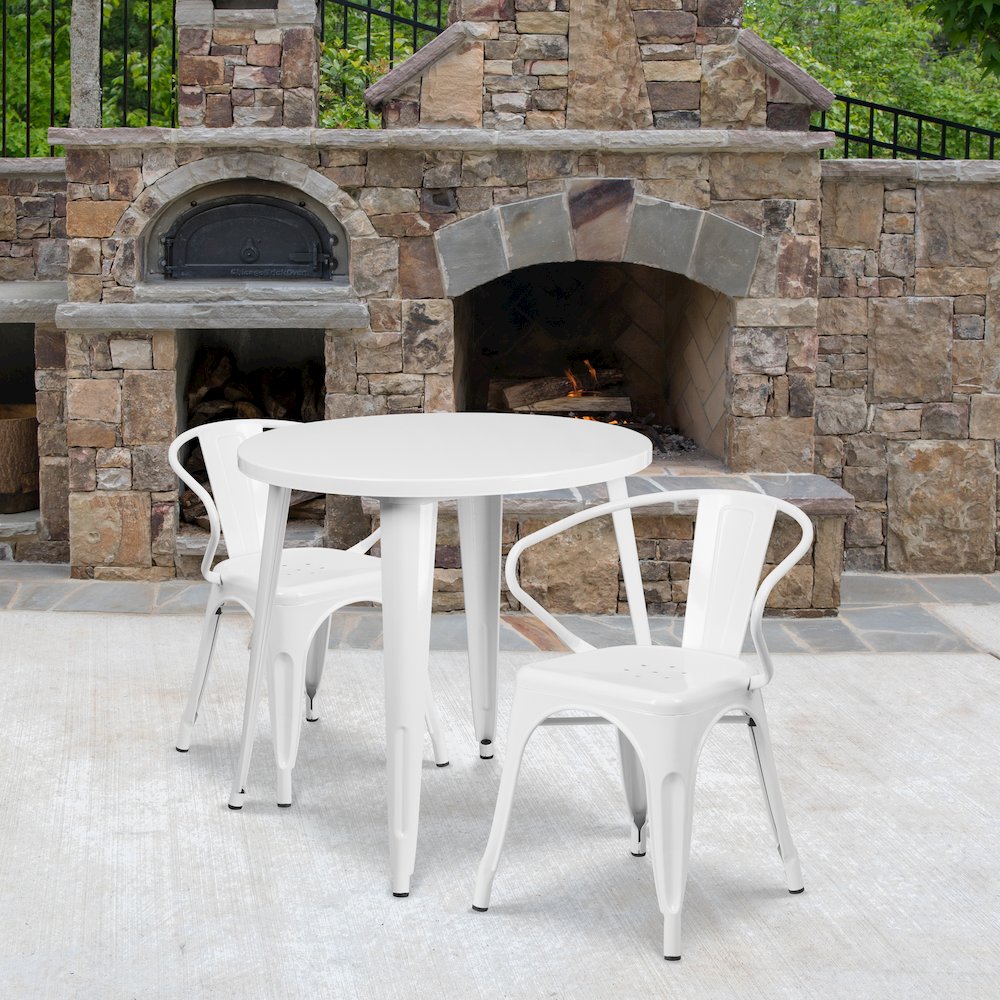 30" Round White Metal Indoor-Outdoor Table Set with 2 Arm Chairs