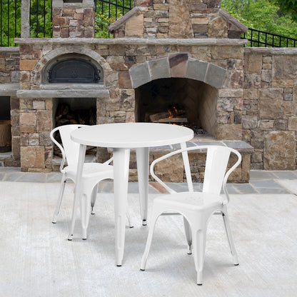 30" Round White Metal Indoor-Outdoor Table Set with 2 Arm Chairs