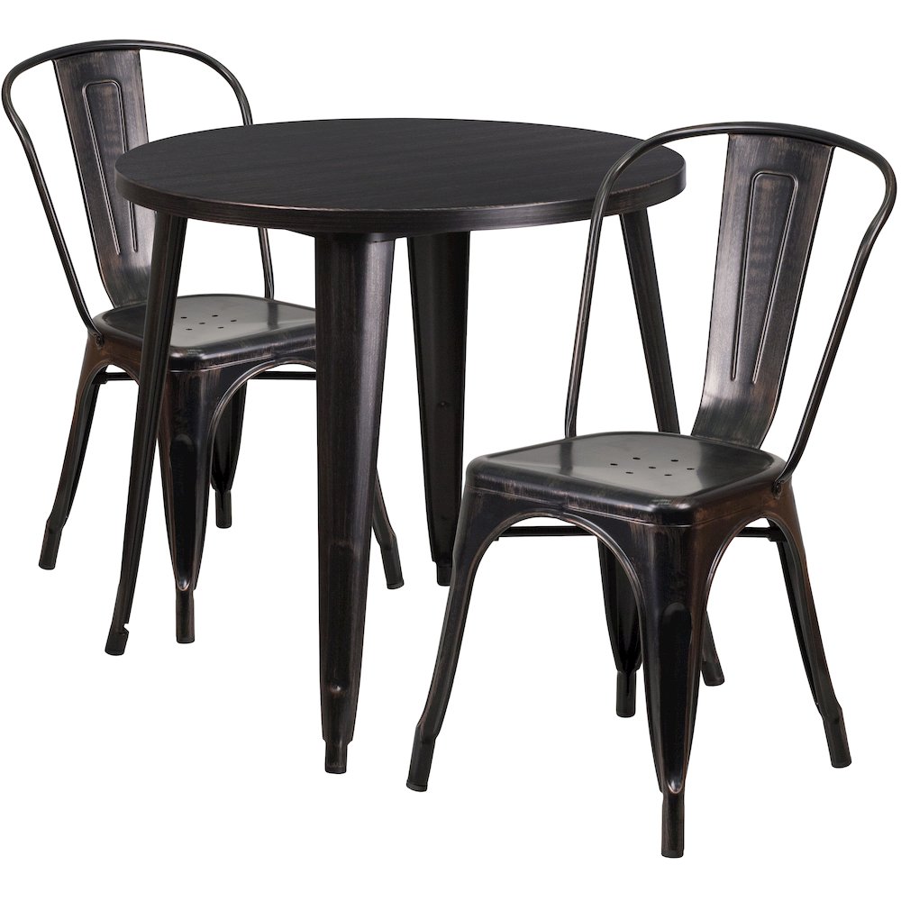 30" Round Black-Antique Gold Metal Indoor-Outdoor Table Set with 2 Cafe Chairs