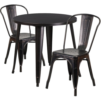 30" Round Black-Antique Gold Metal Indoor-Outdoor Table Set with 2 Cafe Chairs
