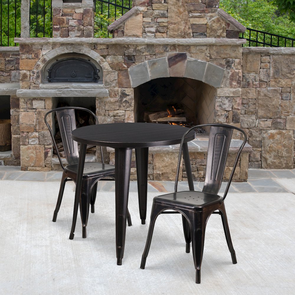 30" Round Black-Antique Gold Metal Indoor-Outdoor Table Set with 2 Cafe Chairs