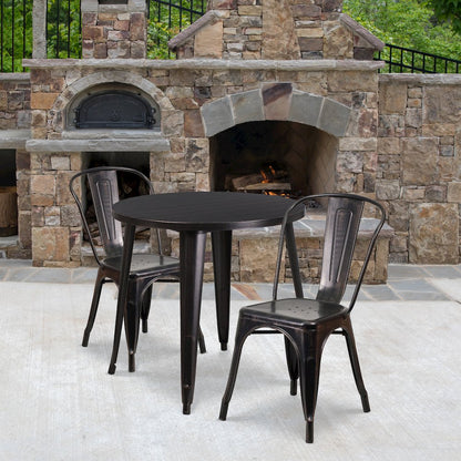 30" Round Black-Antique Gold Metal Indoor-Outdoor Table Set with 2 Cafe Chairs