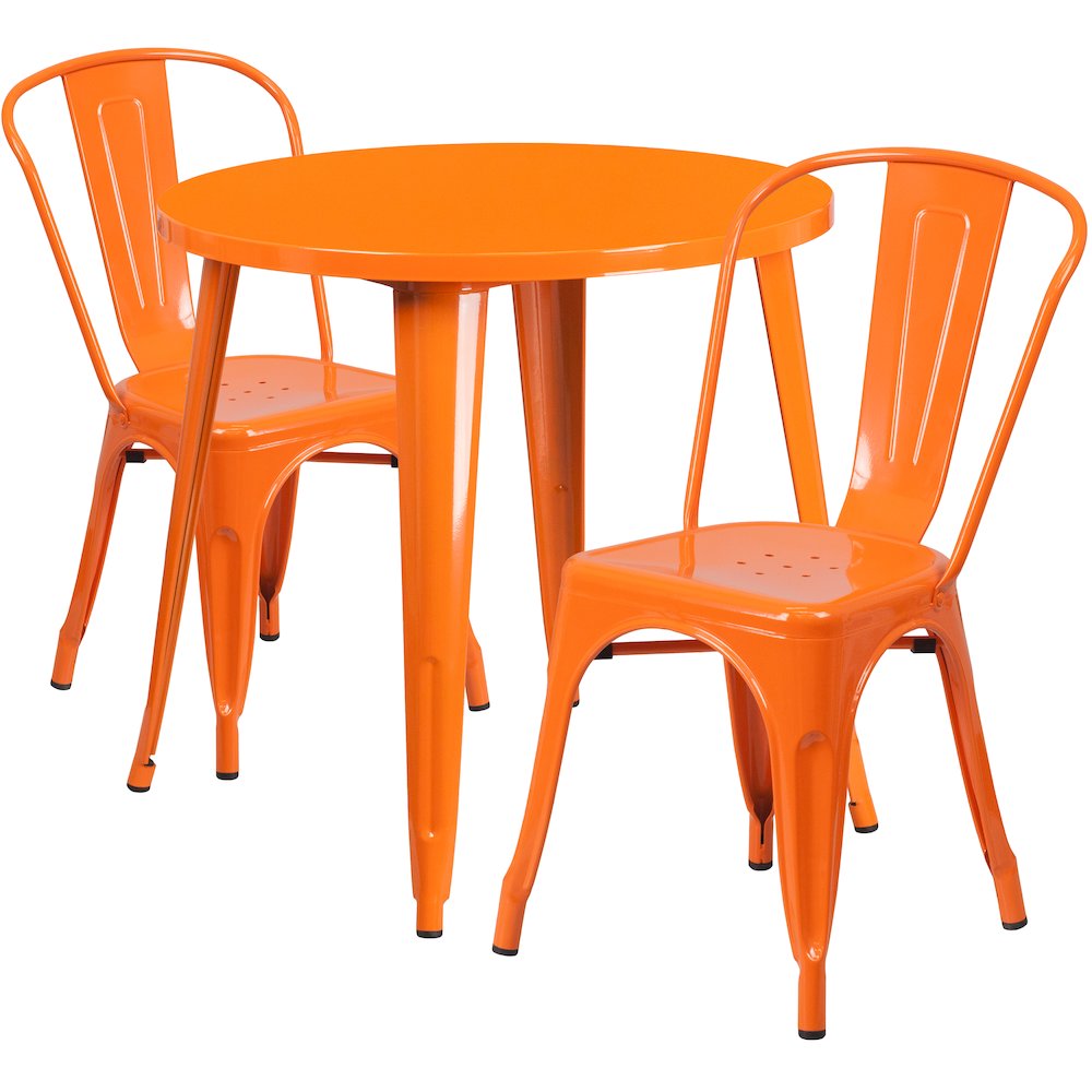 30" Round Orange Metal Indoor-Outdoor Table Set with 2 Cafe Chairs